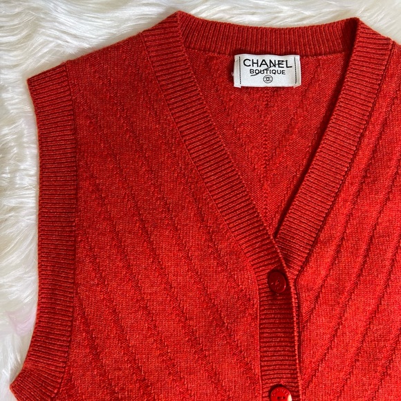 Chanel Cashmere Vintage Orange V Neck Button  Vest - Picture 3 of 13
